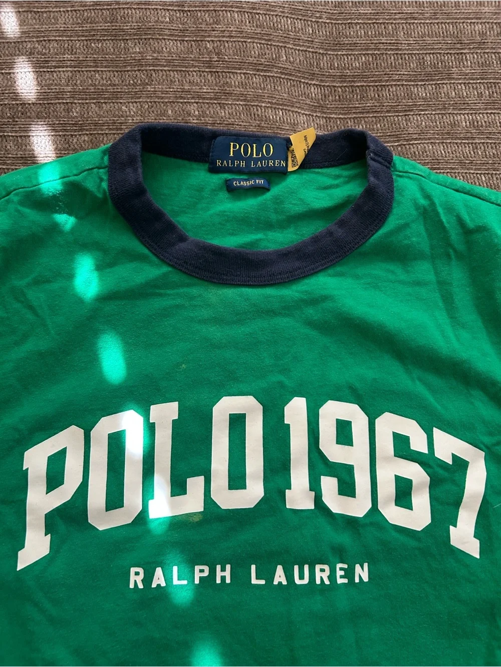 VINTAGE Polo by Ralph Lauren Green Tee with Navy Collar and White Graphic